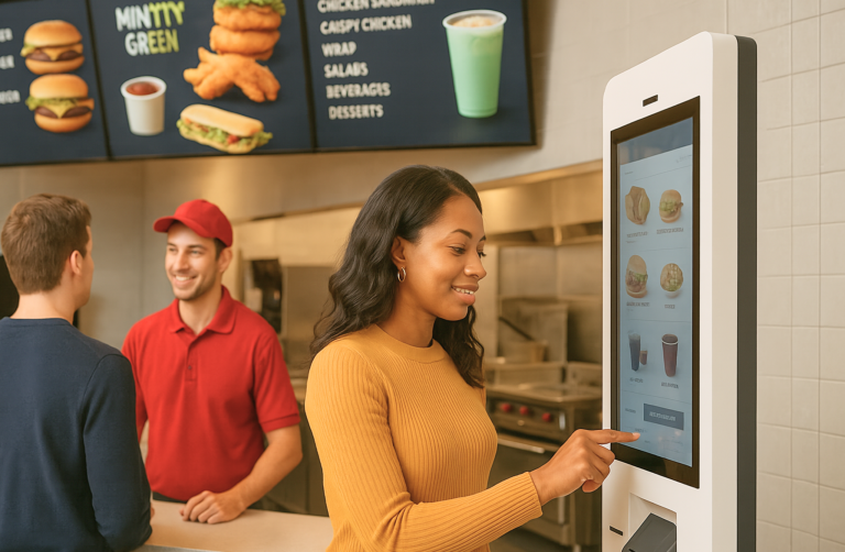 Digital signage and self-service kiosk in a quick service restaurant showcasing how QSRs enhance efficiency, customer experience, and upselling opportunities.